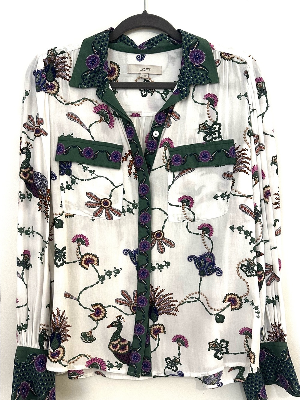 LOFT White Floral Peacock Button-Down Shirt with Green Trim